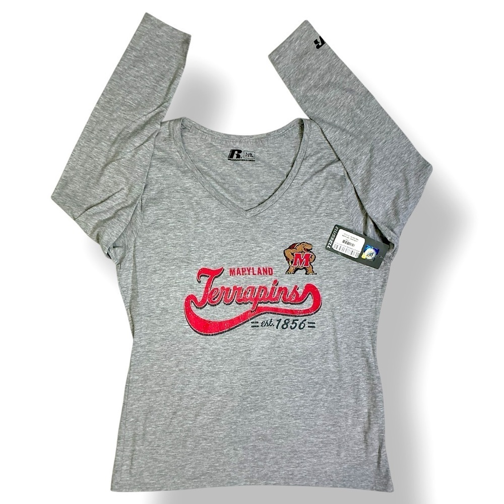 University Maryland Terrapins Tee Shirt Long Sleeve Logo MD Gray Women SZ Large